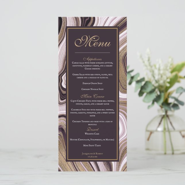 Menu Casamento de Mármore Dourado e Roxo Elegante (Em pé/Frente)