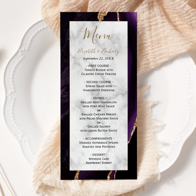 Menu Casamento de mármore Dourado Roxo Moderno (Criador carregado)