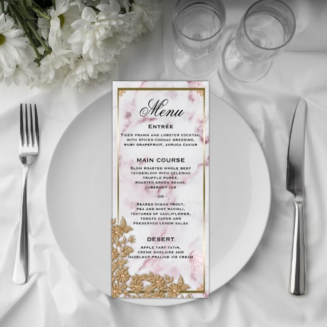 Menu Casamento de Mármore Rosa e Pérolas Douradas (Criador carregado)