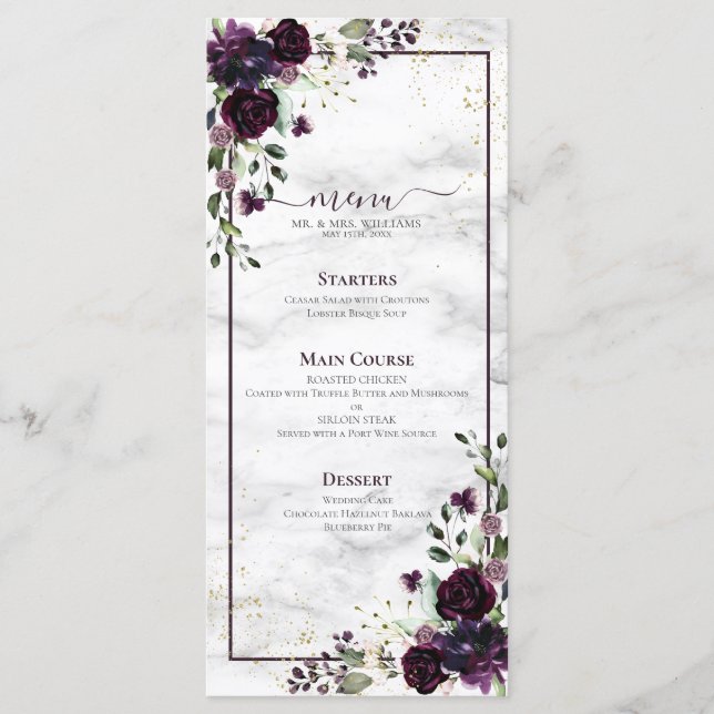 Menu Casamento de Mármores Dourados com Plum Purple Wat (Frente)