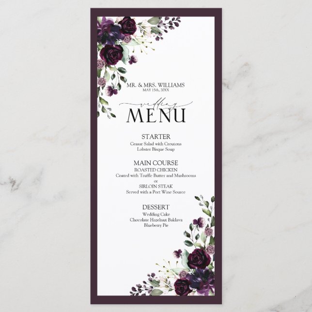 Menu Casamento De Molas Florais De Molas De Plum Purple (Frente)