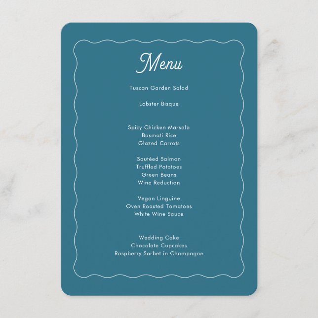 Menu Casamento de Moldura de Onda Azul-Teal Moderno (Frente)