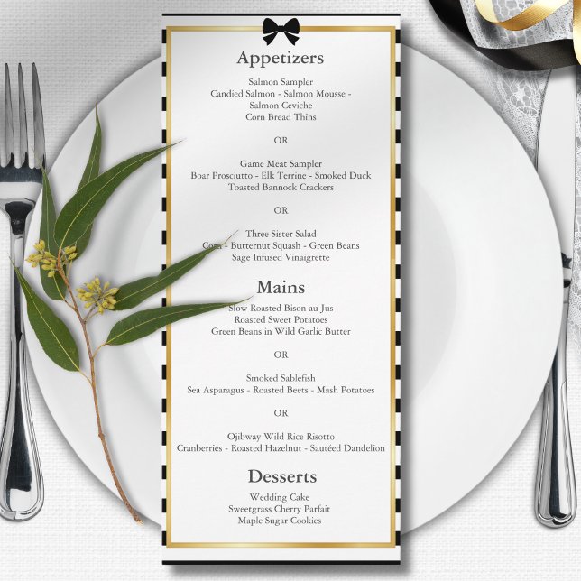 Menu Casamento de Moldura Dourada com Listra Preta e Br (Criador carregado)