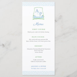 Menu Casamento de Monograma Azul Botânico Elegante