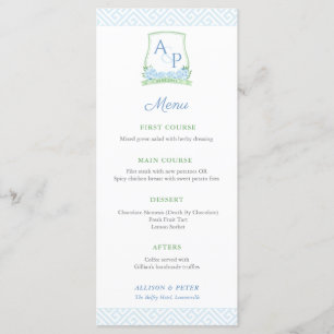 Menu Casamento de Monograma Azul Botânico Elegante