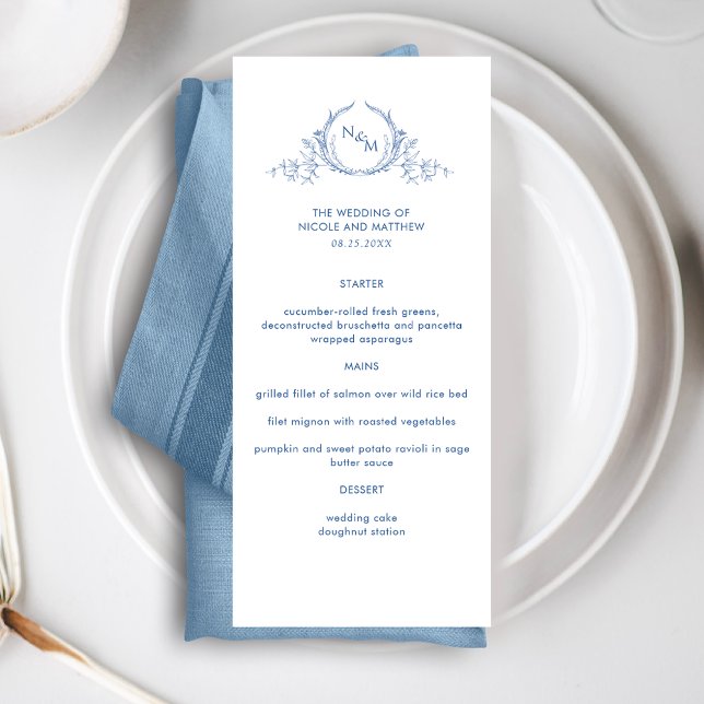 Menu Casamento de Monograma Azul Elegante (Criador carregado)