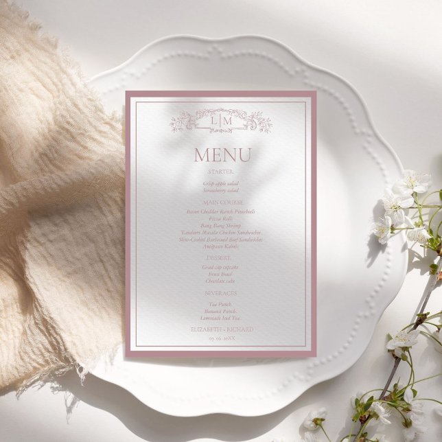 Menu Casamento de Monograma Botânico de Crest Elegante (Criador carregado)