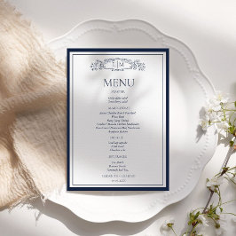 Menu Casamento de Monograma Botânico de Pé Azul-Marinho