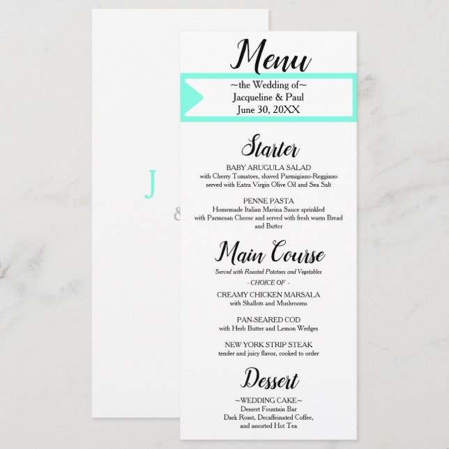 Menu Casamento de Monograma Branco Turquesa (Frente/Verso)