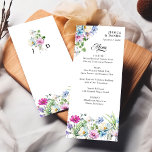 Menu Casamento de Monograma Colorido de Jardim de Flore<br><div class="desc">Menu de casamento de flor selvagem com borda floral de cor d'água, monograma de casais e tipografia elegante. Design floral de aquarelas com flores silvestres e verde em tons de verde-lavanda azul-rosa-rosado e magenta. Moderno, bonito vibrante e colorido este design botânico do jardim floral tem o charme e o romance...</div>