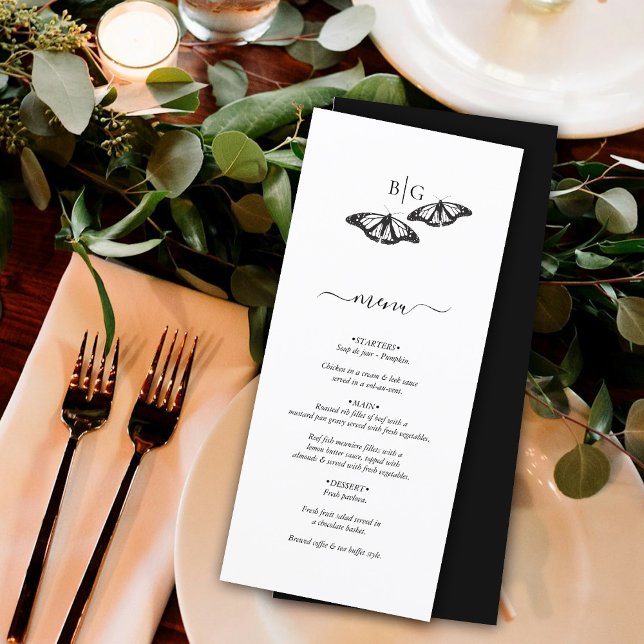 Menu Casamento de Monograma da Borboleta Branca Minimal (Minimalist Black White Butterfly Monogram Wedding Menu)