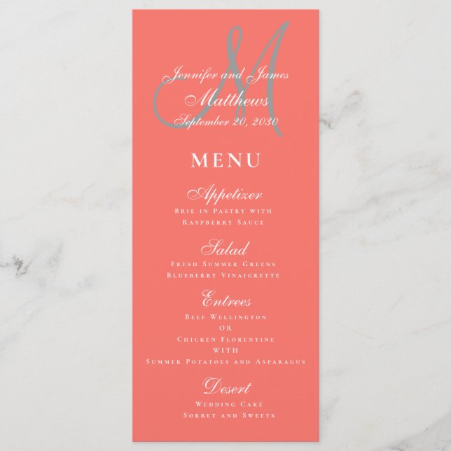 Menu Casamento de Monograma da Cinza de Coral do Caso E (Frente)