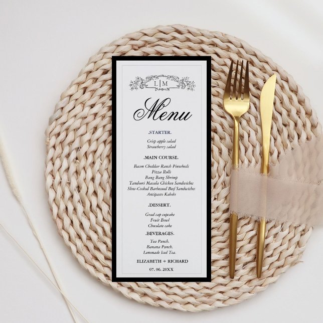 Menu Casamento de monograma da crista botânica Elegante (Criador carregado)