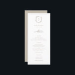 Menu Casamento de Monograma de Crest Botânico<br><div class="desc">Monograma de Crest Botânico,  menu de casamento. Vintage inspirou crista adornada com galhos botânicos. Características,  tipografia bege elegante e elegante.</div>
