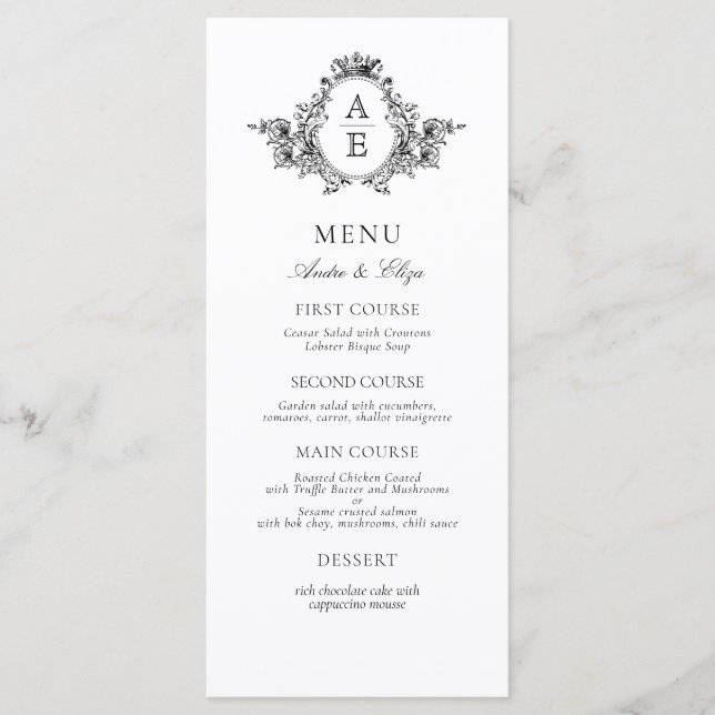 Menu Casamento de Monograma de Crest Brancos e Pretos (Frente)