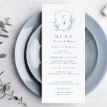 Menu Casamento de monograma de crista botânica simples<br><div class="desc">Iniciais monogramas emolduradas por folhas botânicas elegantes e ilustradas à mão,  detalhes cardápicos em caracteres elegantes e clássicos,  simples e luxuosos. Excelente azul e cardápio branco para casamento clássico moderno,  casamento formal simples,  casamento botânico elegante. Veja todas as peças correspondentes na coleção.</div>