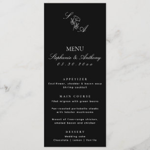 Menu Casamento de Monograma de Flores Brancas e Pretas