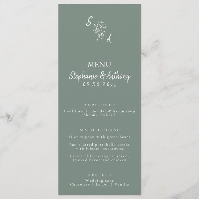 Menu Casamento de Monograma de Flores Brancas e Pretas (Frente)