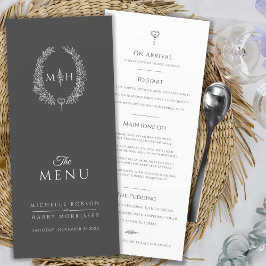 Menu Casamento de monograma de folha branca e cinza