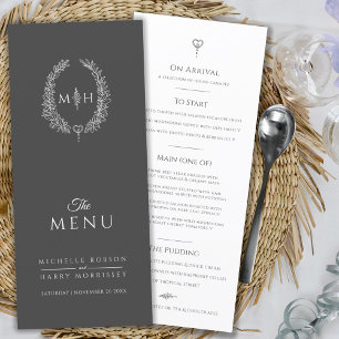 Menu Casamento de monograma de folha branca e cinza