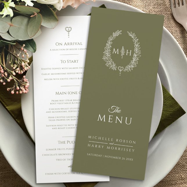 Menu Casamento de monograma de folha branca verde-oliva (Criador carregado)