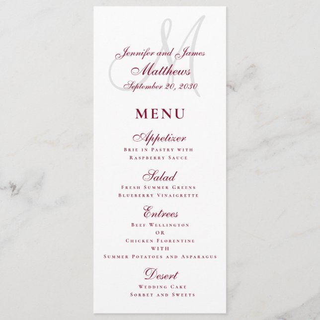 Menu Casamento de Monograma de Script Burgundy do Caso  (Frente)