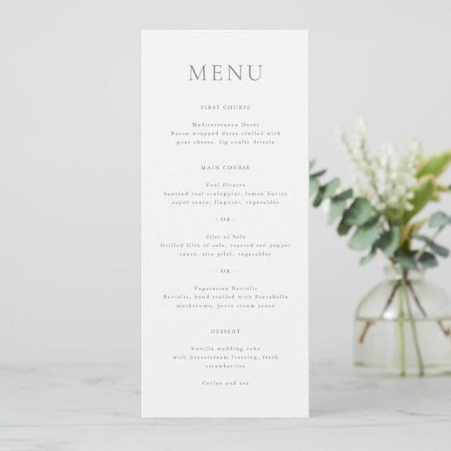 Menu Casamento de Monograma de Script de Cinza Elegante (Em pé/Frente)