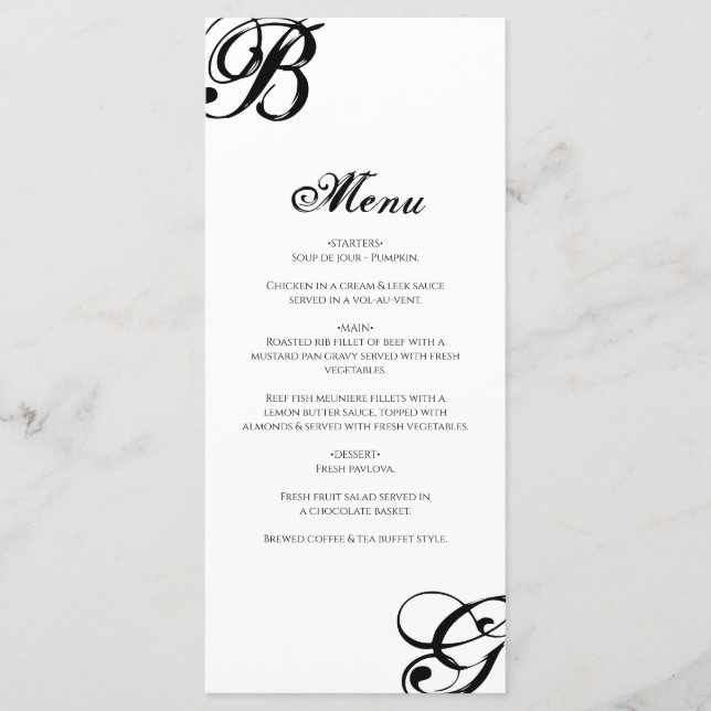 Menu Casamento de Monograma de Script Preto e Branco (Frente)