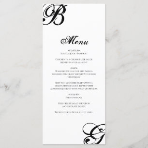 Menu Casamento de Monograma de Script Preto e Branco 