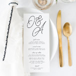 Menu Casamento de Monograma de Script Preto e Branco So<br><div class="desc">Um belo cartão de cardápio de casamento baseado em tipografia, que apresenta suas iniciais em letras de script sobredimensionadas no topo, em tons em tons para um efeito de marca d'água. Personalize com os itens do menu abaixo. A nossa cinza de Cinza faz uma declaração clássica com letras negras suaves...</div>