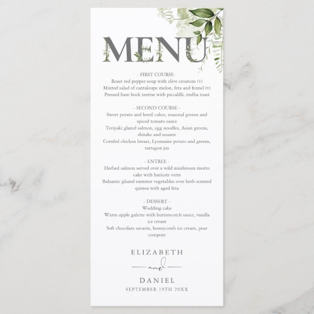 Menu Casamento de Monograma de Tipografia Floral Verde (Frente)