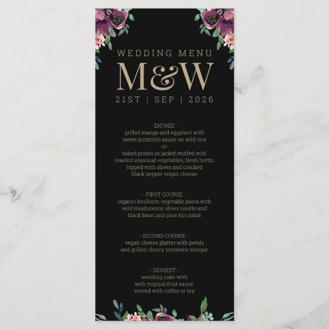 Menu Casamento de Monograma Dourado Floral Negro  Moder (Frente)