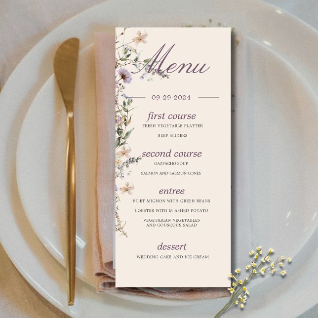 Menu Casamento de Monograma Moderno de Flores Selvagens (Criador carregado)