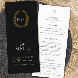 Menu Casamento de monograma oval de folha branca preta
