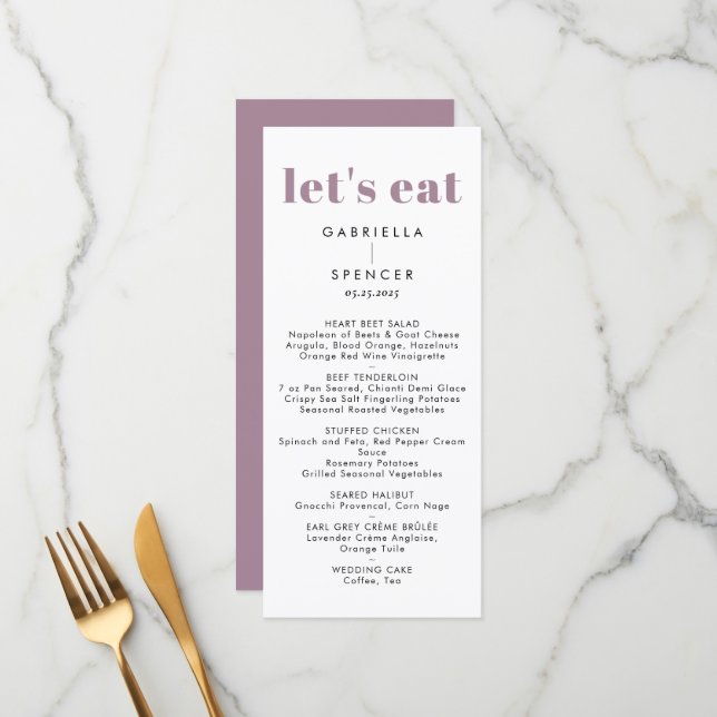 Menu Casamento de Monograma Roxo Púrpura Moderna Chic (Frente/Verso In Situ)