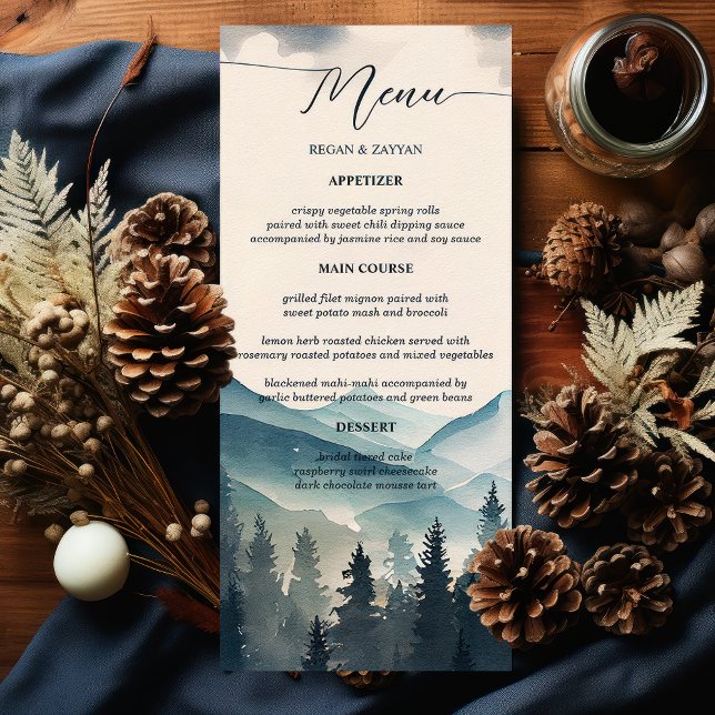 Menu Casamento de Montanha de Árvore de Pinheira Aquare (Criador carregado)