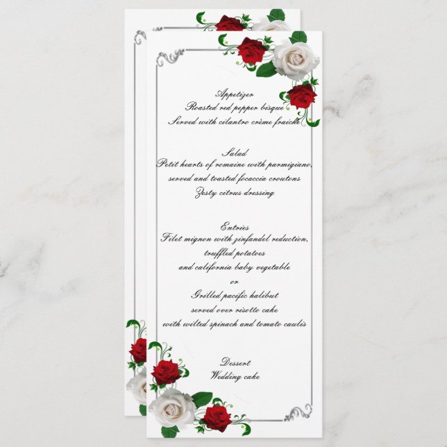 Menu Casamento de Natal de Rosas Vermelhas e Brancas (Frente/Verso)