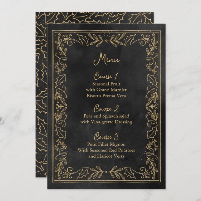 Menu Casamento de Natal Dourado Negro Holly Berry (Frente/Verso)