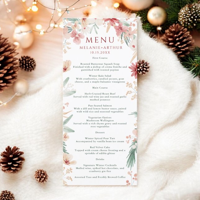 Menu Casamento de Natal Floral de inverno com Aquarela  (Elegant Watercolor Floral Winter Christmas Wedding Menu)