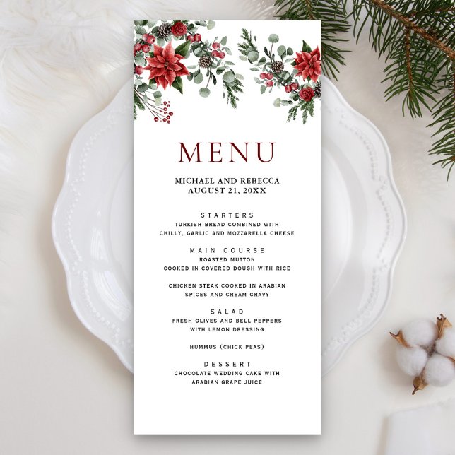 Menu Casamento de Natal Floral Rustic Pine Poinsettia (Criador carregado)