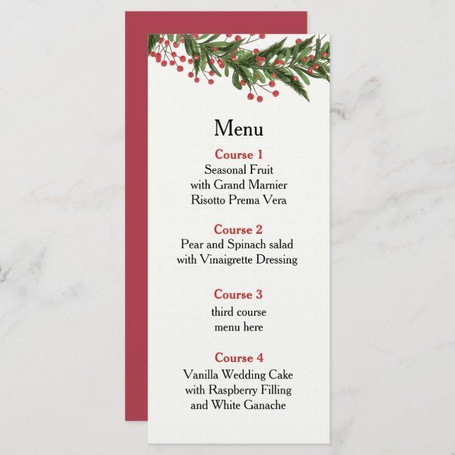 Menu Casamento de Natal Rustic Holly Winter (Frente/Verso)