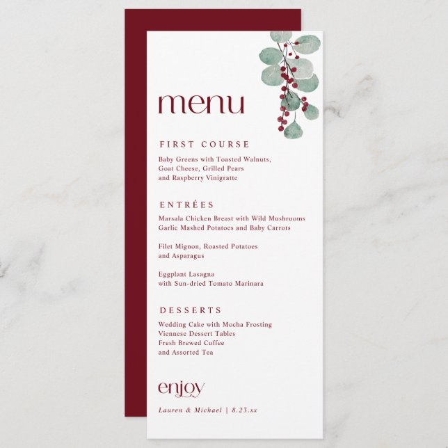 Menu Casamento de Natal Simples da Burgundy Elegante (Frente/Verso)