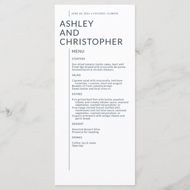 Menu Casamento de Nomes Isolados Azul-Marinho Minimalis (Frente)