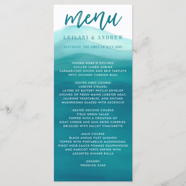 Menu Casamento de Onda de Teal Watercolor Ombre (Frente)