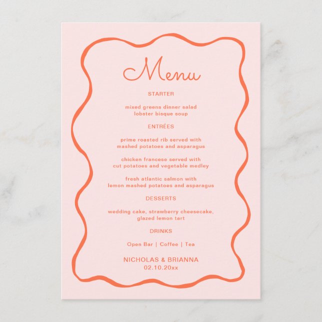 Menu Casamento de Onda Rosa e Laranja Desenhada à Mão (Frente)