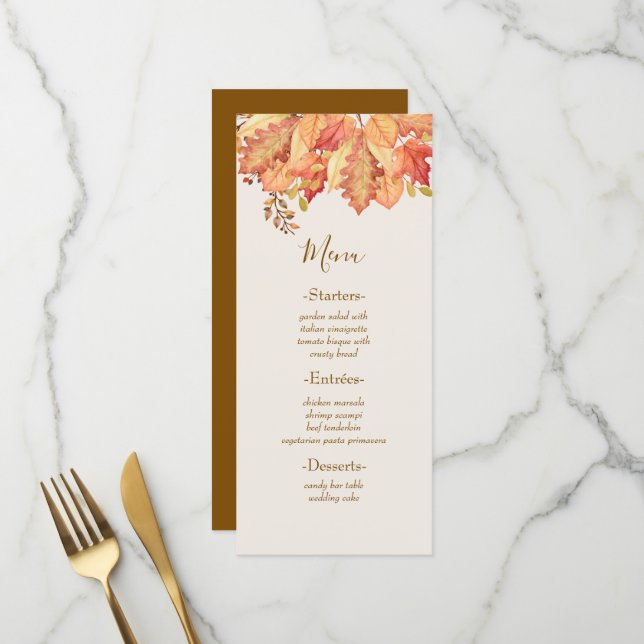 Menu Casamento de Outono com Folhas de Aquarela Elegant (Frente/Verso In Situ)