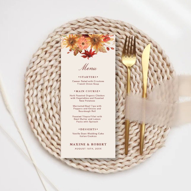 Menu Casamento de Outono com Folhas de Outono Elegantes (Elegant fall leaves autumn wedding menu with warm seasonal charm.)