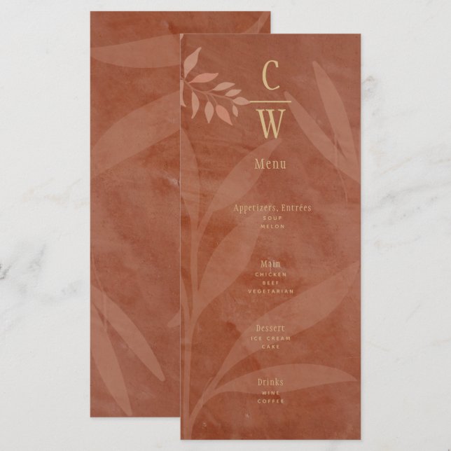 Menu Casamento de Outono Moderno Terracota Folhas Doura (Frente/Verso)