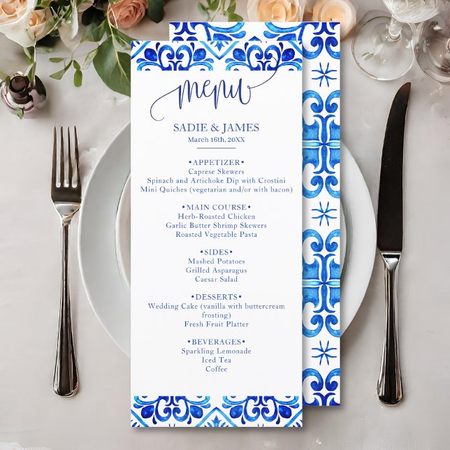 Menu Casamento de padrão marroquino azul e branco (Criador carregado)
