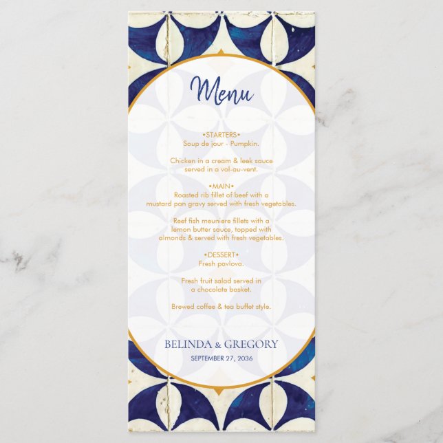 Menu Casamento de Padrão Português Azul e Amarelo (Frente)